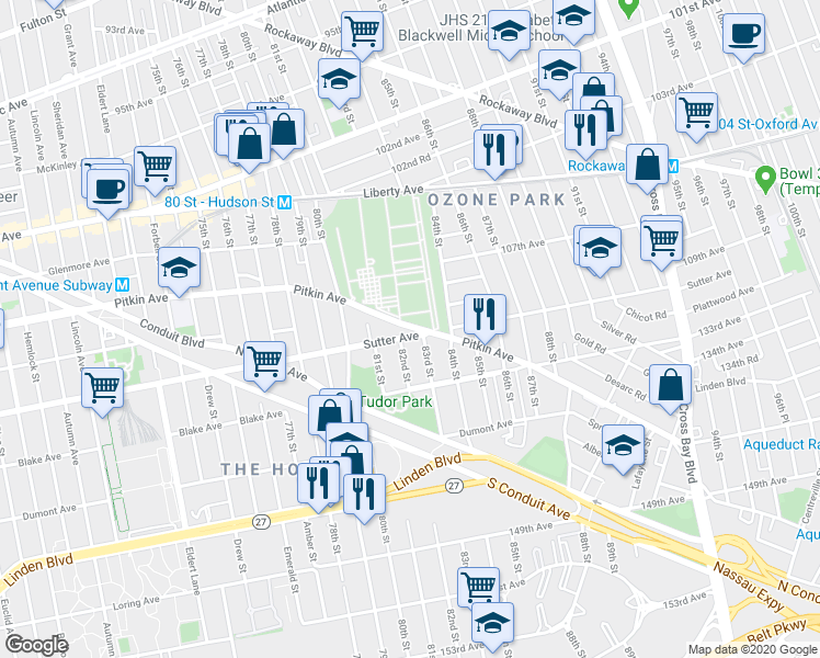 map of restaurants, bars, coffee shops, grocery stores, and more near 80-68 Pitkin Avenue in Queens