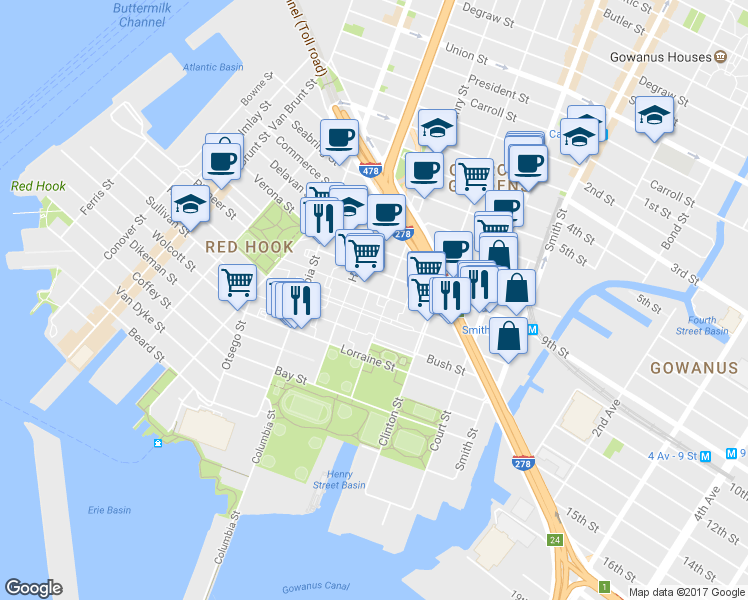 map of restaurants, bars, coffee shops, grocery stores, and more near 748 Henry Street in Brooklyn