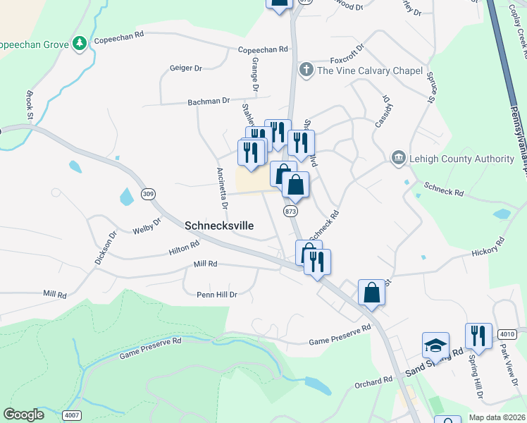 map of restaurants, bars, coffee shops, grocery stores, and more near 4944 Clauss Road in Schnecksville