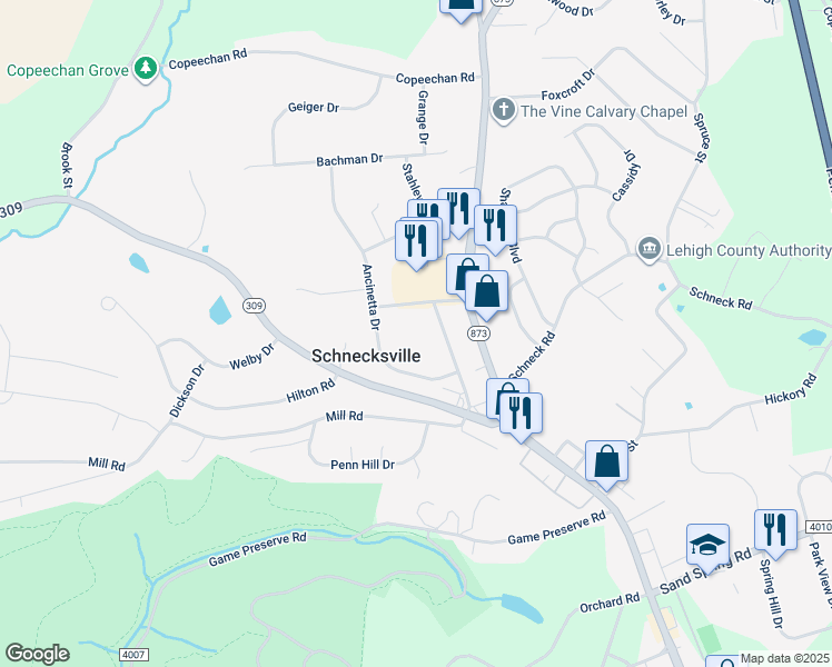 map of restaurants, bars, coffee shops, grocery stores, and more near 4448 William Penn Drive in Schnecksville