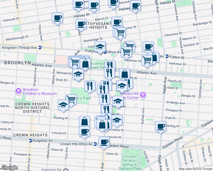 map of restaurants, bars, coffee shops, grocery stores, and more near 92 Utica Ave in Brooklyn