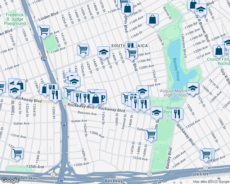 map of restaurants, bars, coffee shops, grocery stores, and more near 120-43 145th Street in Queens