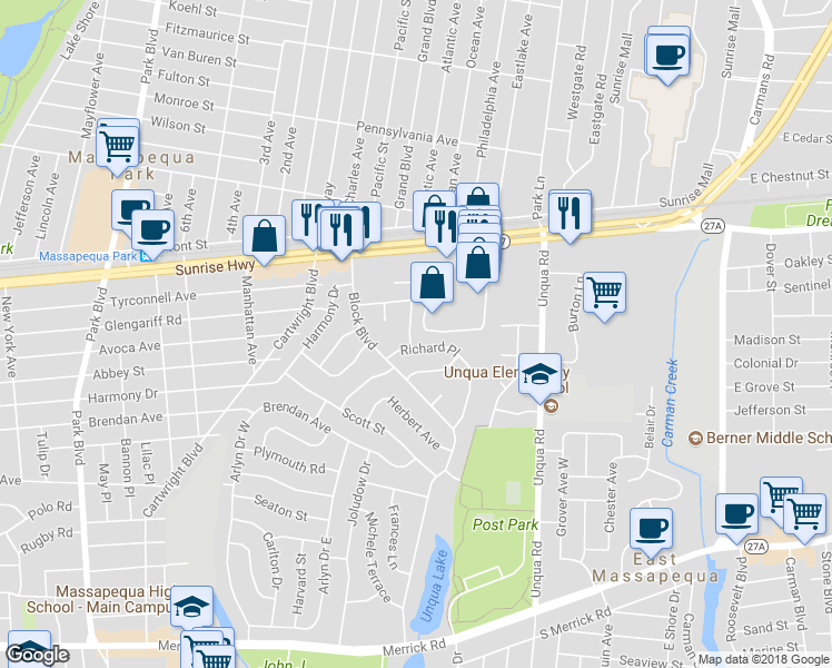 map of restaurants, bars, coffee shops, grocery stores, and more near 2 Jackson Avenue in Massapequa Park