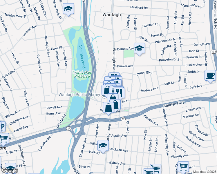 map of restaurants, bars, coffee shops, grocery stores, and more near 9 Ridgewood Drive in Wantagh