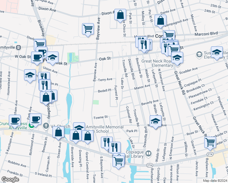 map of restaurants, bars, coffee shops, grocery stores, and more near 57 Bedell Place in Amityville