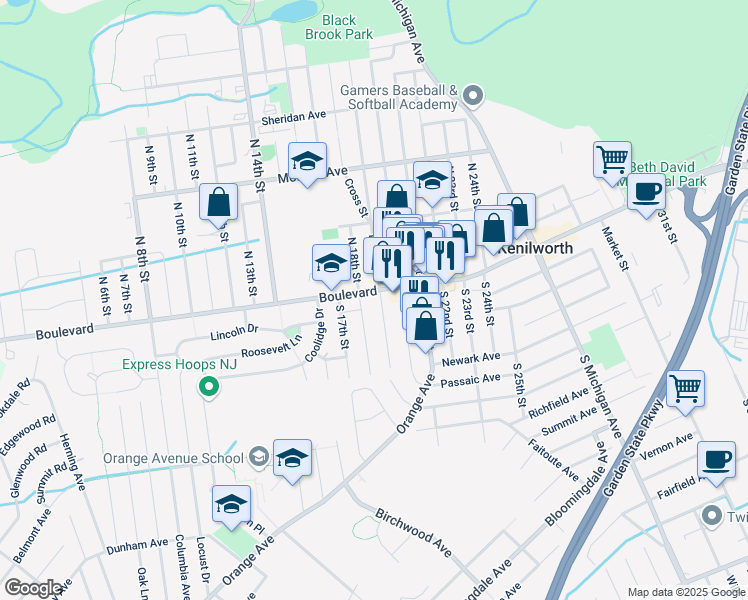 map of restaurants, bars, coffee shops, grocery stores, and more near 475 Boulevard in Kenilworth