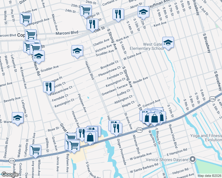 map of restaurants, bars, coffee shops, grocery stores, and more near 415 Greenlawn Terrace in Copiague