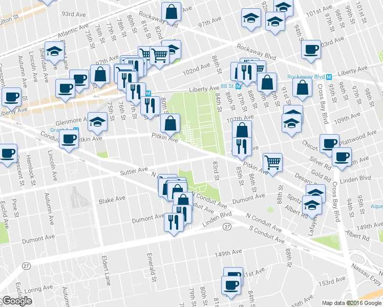 map of restaurants, bars, coffee shops, grocery stores, and more near 81-10 Pitkin Ave in Queens