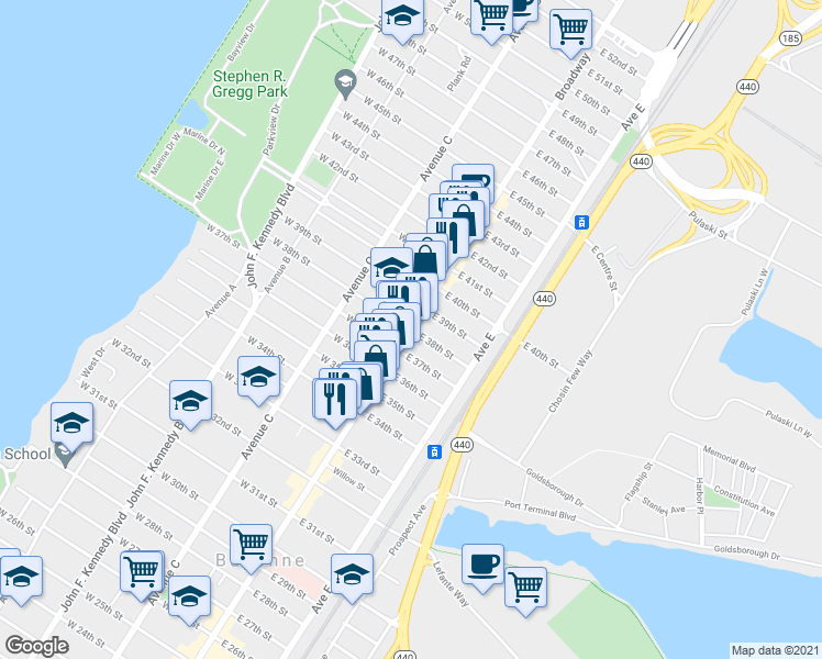 map of restaurants, bars, coffee shops, grocery stores, and more near Broadway & W 38th St in Bayonne