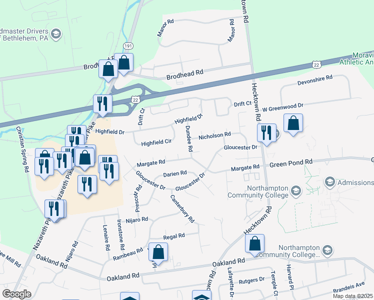 map of restaurants, bars, coffee shops, grocery stores, and more near 3875 Dundee Road in Bethlehem