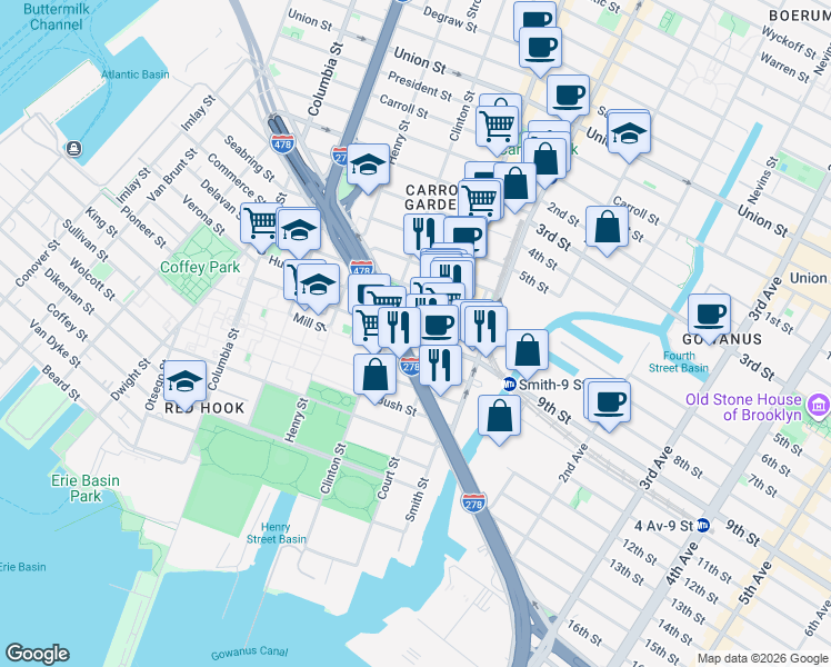 map of restaurants, bars, coffee shops, grocery stores, and more near 157 West 9th Street in Brooklyn