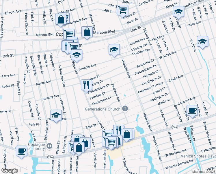 map of restaurants, bars, coffee shops, grocery stores, and more near 140 Pleasantview Court in Copiague