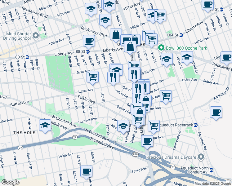 map of restaurants, bars, coffee shops, grocery stores, and more near 90-14 Silver Road in Queens