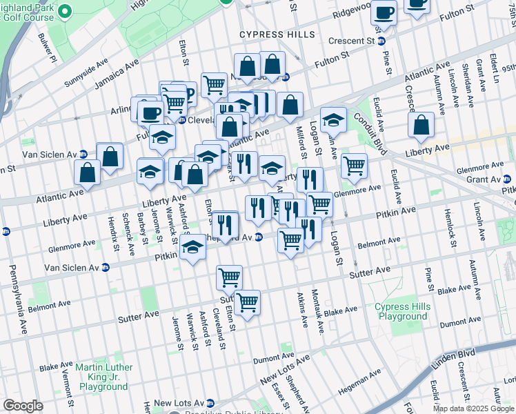 map of restaurants, bars, coffee shops, grocery stores, and more near 793 Glenmore Avenue in Brooklyn