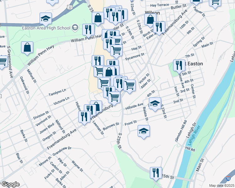 map of restaurants, bars, coffee shops, grocery stores, and more near 1120 South 25th Street in Easton