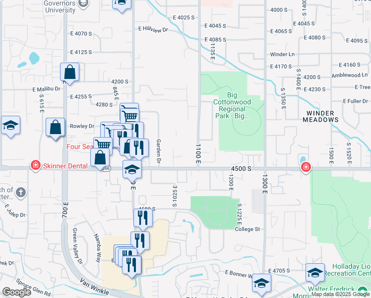 map of restaurants, bars, coffee shops, grocery stores, and more near 4404 South 1100 East in Millcreek