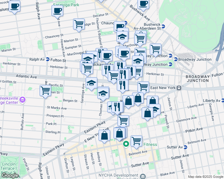 map of restaurants, bars, coffee shops, grocery stores, and more near 214 Thomas S Boyland Street in Brooklyn
