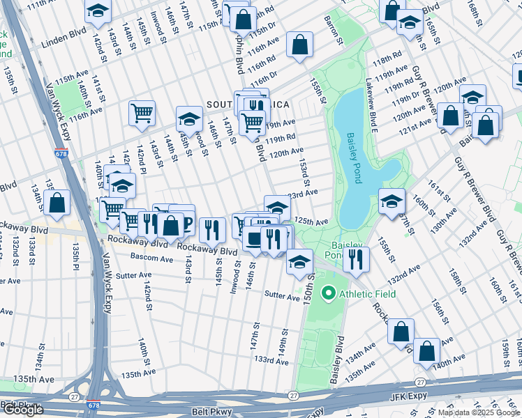 map of restaurants, bars, coffee shops, grocery stores, and more near 123-11 147th Street in Queens