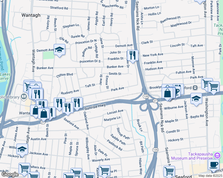 map of restaurants, bars, coffee shops, grocery stores, and more near 3633 Park Avenue in Wantagh