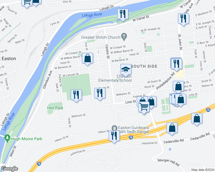 map of restaurants, bars, coffee shops, grocery stores, and more near 721 West Grant Street in Easton