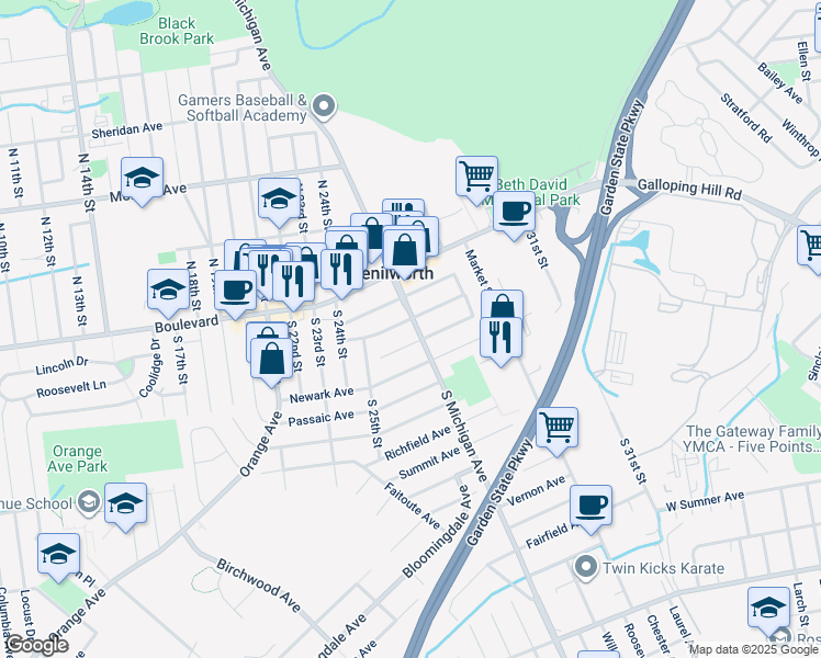 map of restaurants, bars, coffee shops, grocery stores, and more near 47 South Michigan Avenue in Kenilworth