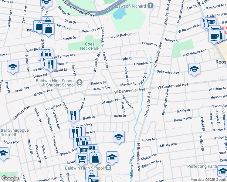 map of restaurants, bars, coffee shops, grocery stores, and more near 955 Demott Avenue in Baldwin