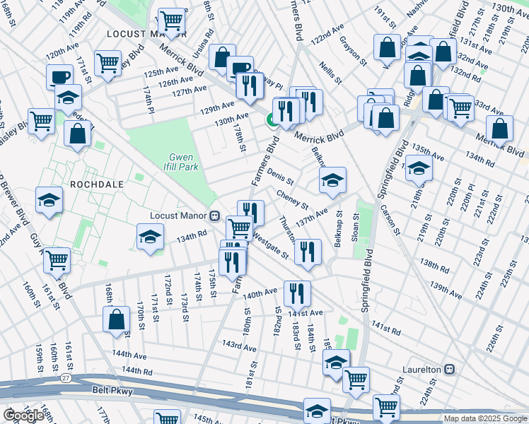 map of restaurants, bars, coffee shops, grocery stores, and more near 177-26 135th Avenue in Queens