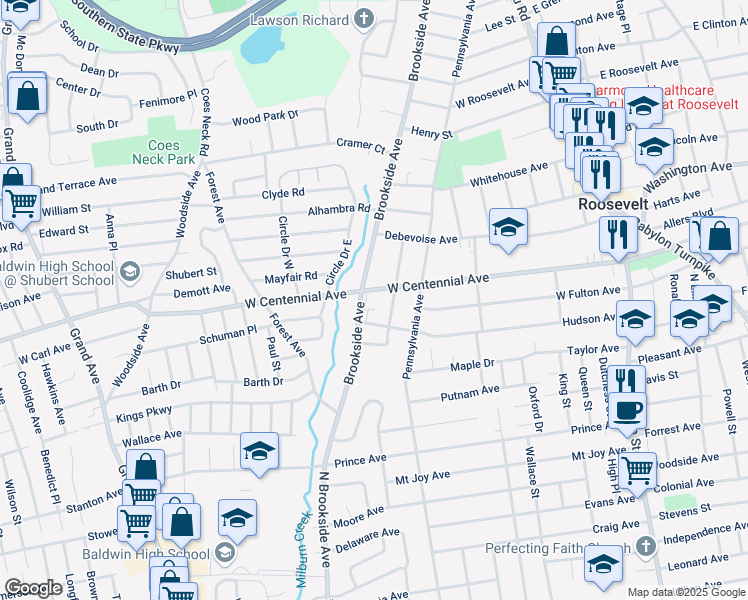 map of restaurants, bars, coffee shops, grocery stores, and more near 230 Brookside Avenue in Roosevelt