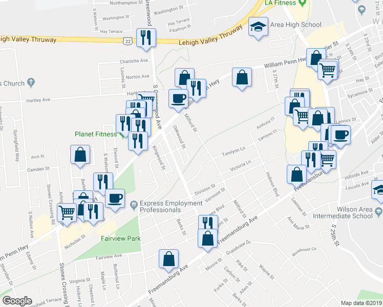 map of restaurants, bars, coffee shops, grocery stores, and more near 610 Oakwood Street in Easton
