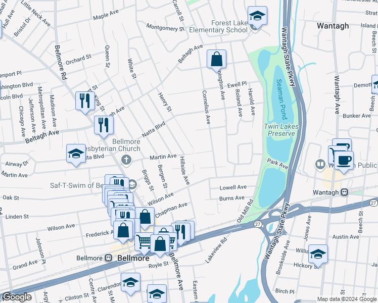 map of restaurants, bars, coffee shops, grocery stores, and more near 2863 Martin Avenue in Bellmore