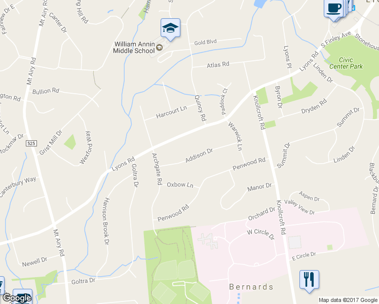 map of restaurants, bars, coffee shops, grocery stores, and more near 34 Addison Drive in Bernards