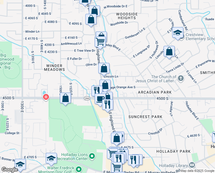 map of restaurants, bars, coffee shops, grocery stores, and more near 1765 Osage Orange Avenue South in Holladay