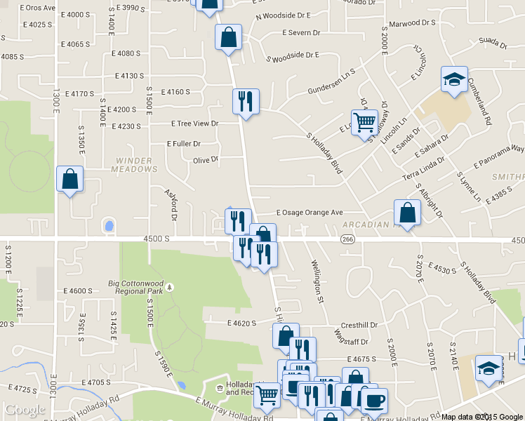 map of restaurants, bars, coffee shops, grocery stores, and more near 1765 Osage Orange Avenue South in Holladay