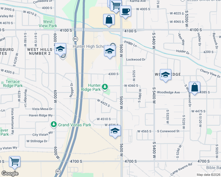map of restaurants, bars, coffee shops, grocery stores, and more near 5648 Hunter Hollow Circle in West Valley City