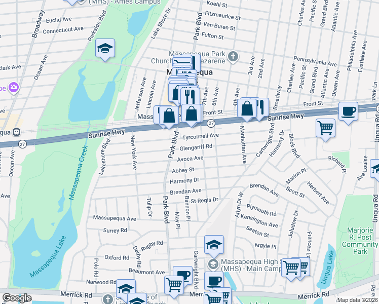 map of restaurants, bars, coffee shops, grocery stores, and more near 168 Glengariff Road in Massapequa Park