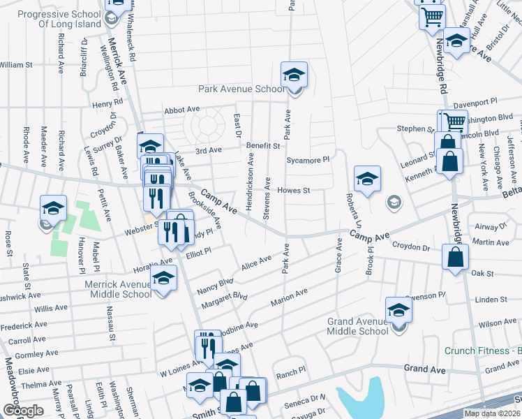 map of restaurants, bars, coffee shops, grocery stores, and more near 15 Stevens Avenue in Merrick