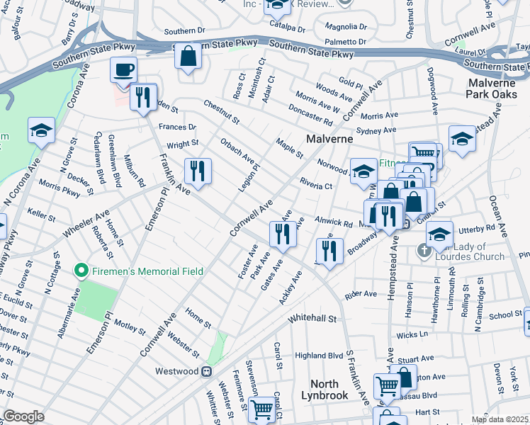 map of restaurants, bars, coffee shops, grocery stores, and more near 6 Slabey Avenue in Malverne