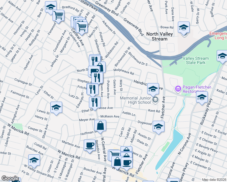 map of restaurants, bars, coffee shops, grocery stores, and more near 62 Gates Avenue in Valley Stream
