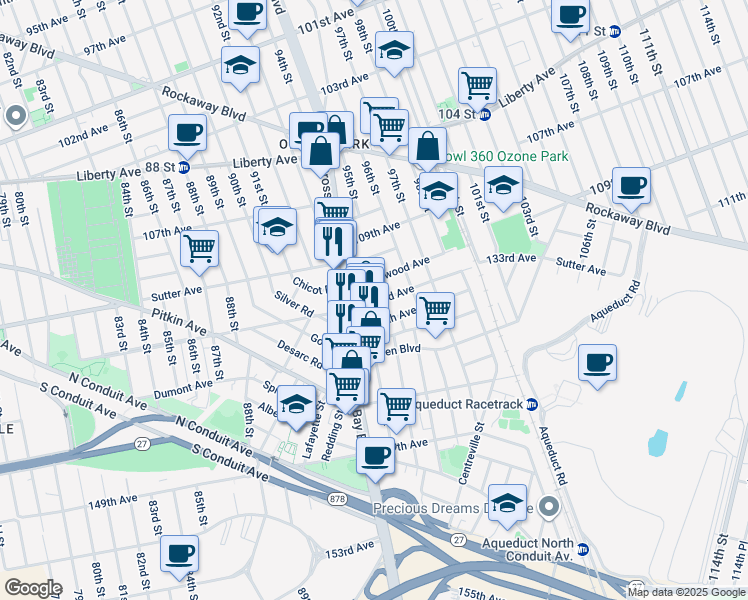 map of restaurants, bars, coffee shops, grocery stores, and more near 94-34 133rd Avenue in Queens