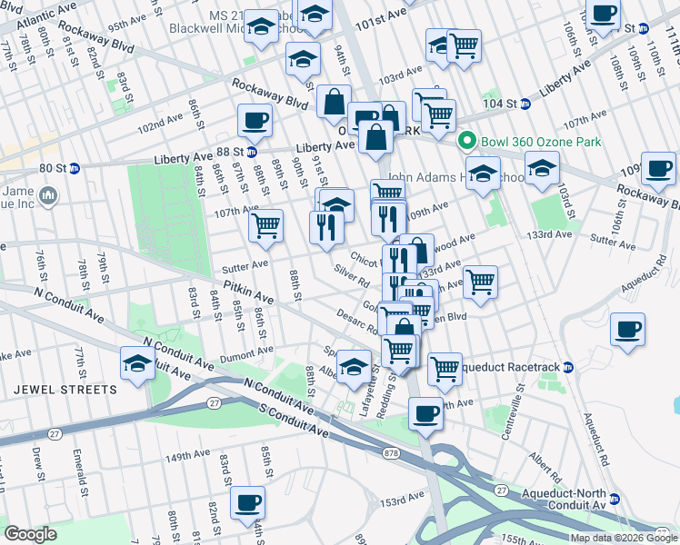 map of restaurants, bars, coffee shops, grocery stores, and more near 90-14 Silver Road in Queens