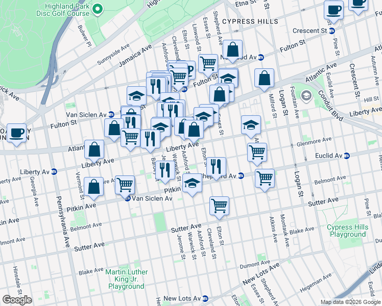 map of restaurants, bars, coffee shops, grocery stores, and more near 283 Ashford Street in Brooklyn