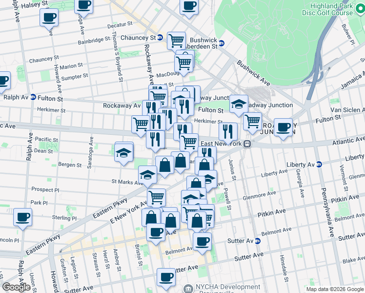 map of restaurants, bars, coffee shops, grocery stores, and more near 2397 Dean Street in Brooklyn