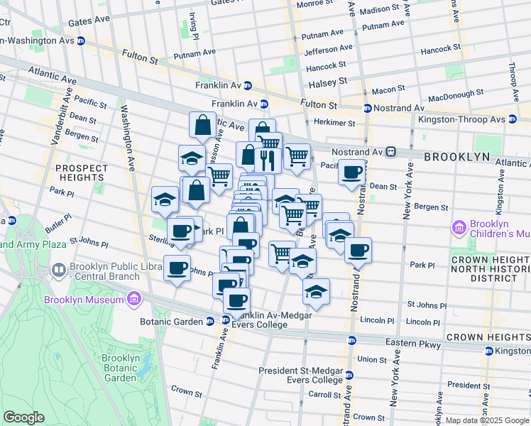 map of restaurants, bars, coffee shops, grocery stores, and more near 671 Franklin Avenue in Brooklyn