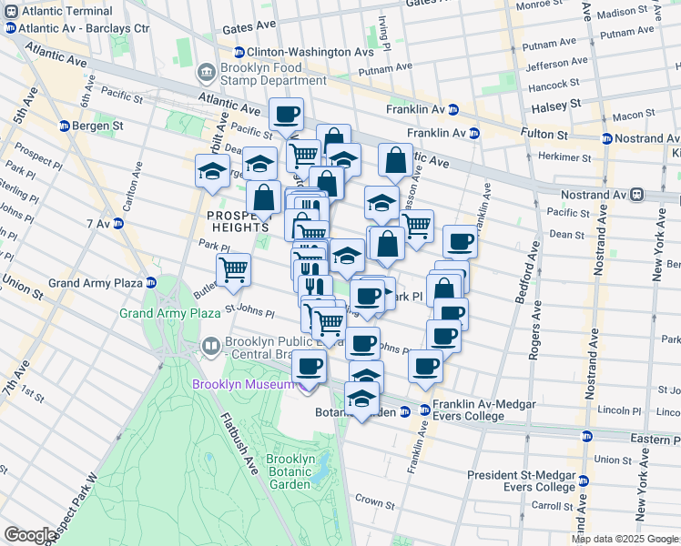 map of restaurants, bars, coffee shops, grocery stores, and more near 473 Park Place in Brooklyn