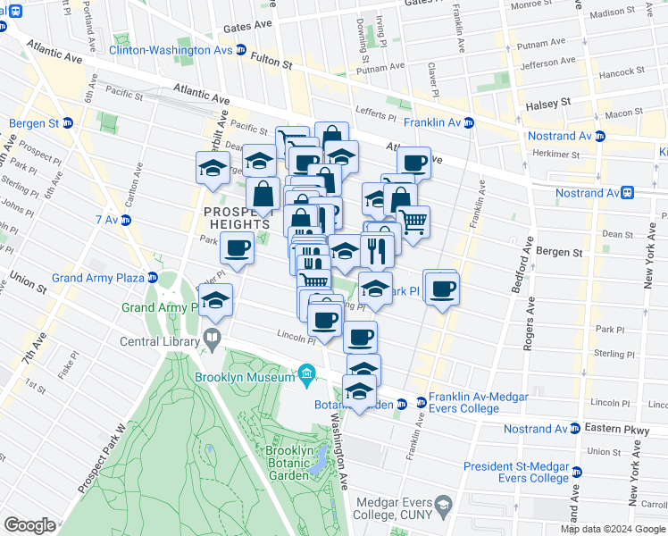 map of restaurants, bars, coffee shops, grocery stores, and more near 473 Park Place in Brooklyn