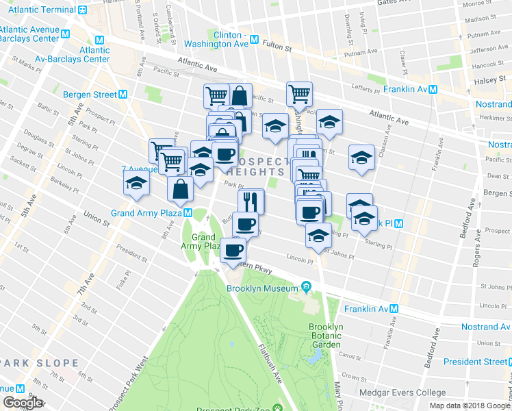 map of restaurants, bars, coffee shops, grocery stores, and more near 177 Underhill Avenue in Brooklyn