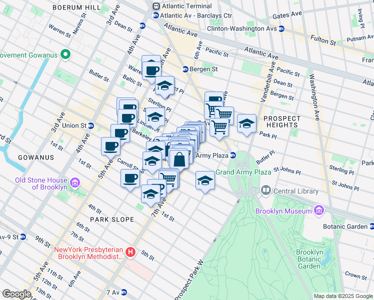 map of restaurants, bars, coffee shops, grocery stores, and more near 151 Berkeley Place in Brooklyn