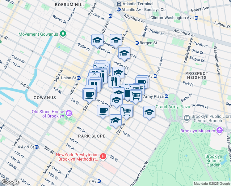 map of restaurants, bars, coffee shops, grocery stores, and more near 740A Union Street in Brooklyn