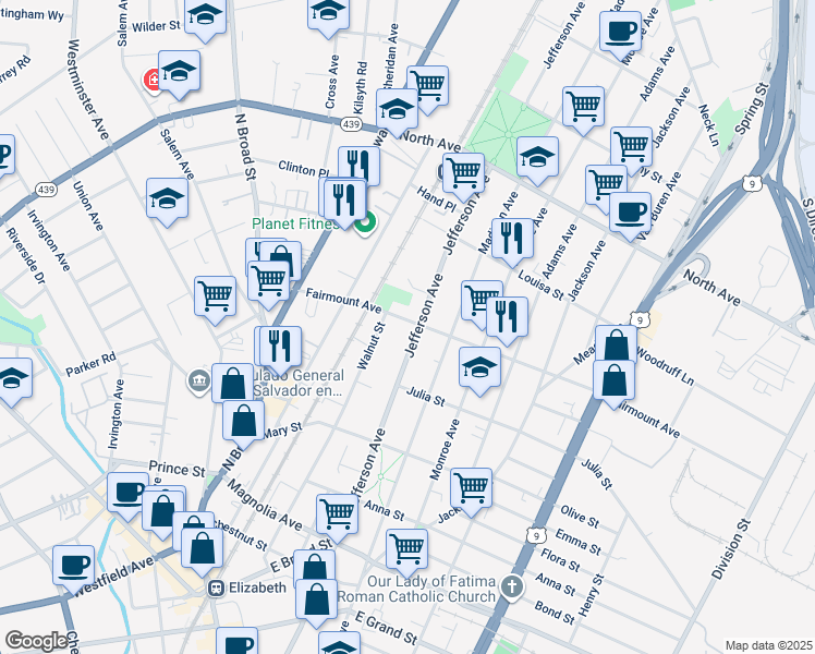 map of restaurants, bars, coffee shops, grocery stores, and more near 1144 Fairmount Avenue in Elizabeth