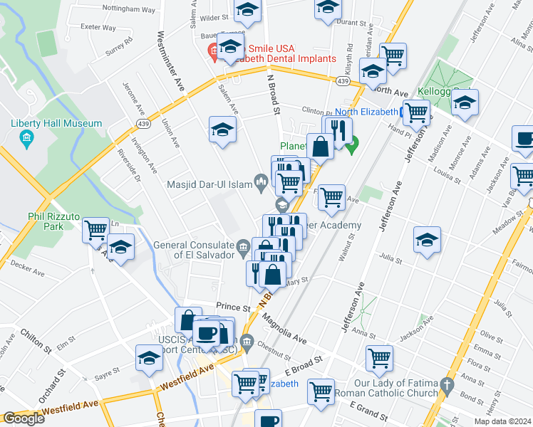 map of restaurants, bars, coffee shops, grocery stores, and more near 560-574 North Broad Street in Elizabeth